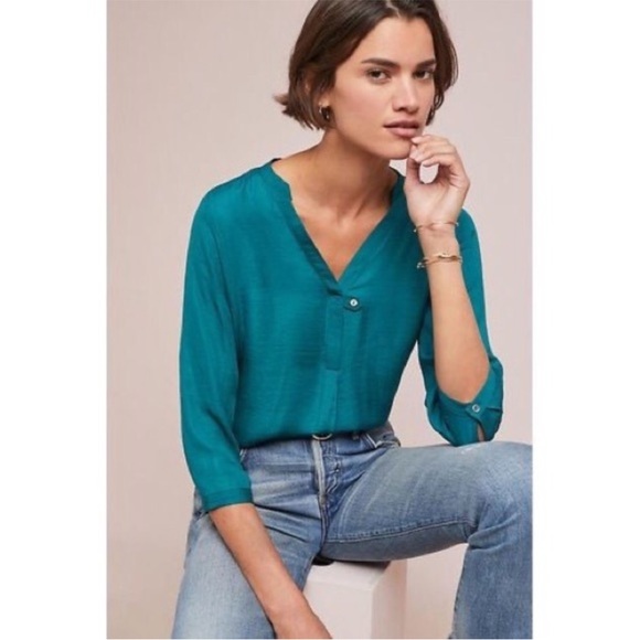 Anthropologie Dolan left coast Large Teal blue green Jillie top mixed media tab - Picture 2 of 13